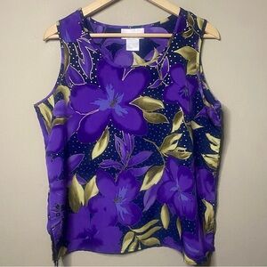 Susan Graver Sleeveless Shell Blouse Women Large Purple Gold Floral Layering